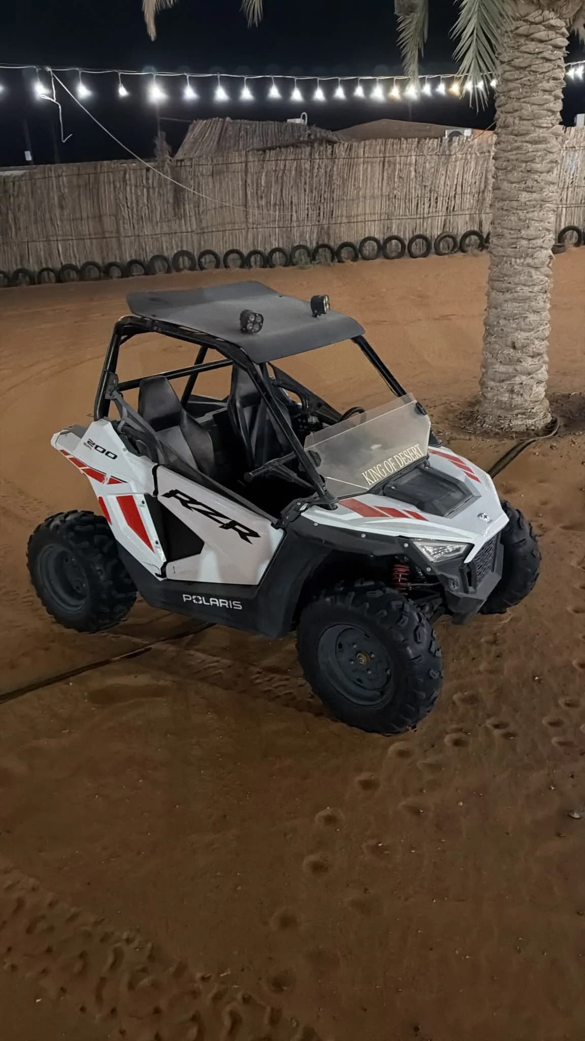 Side profile of the Polaris RZR 200 kids buggy under palm trees at the Dubai camp