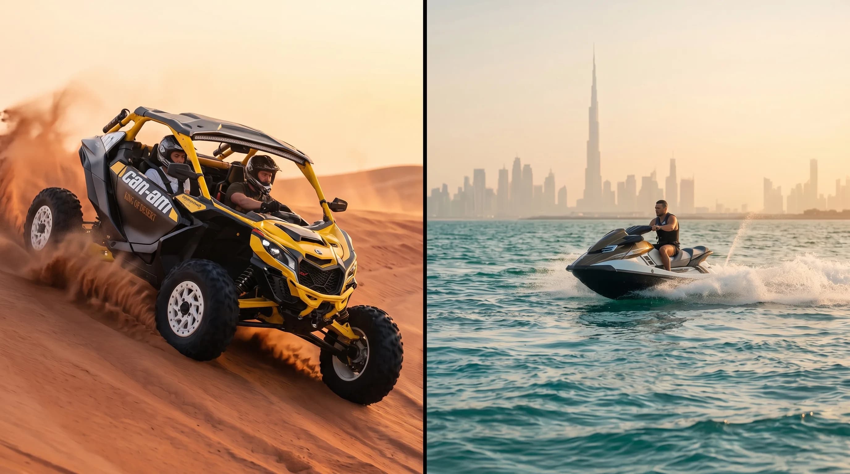 Combo Can-Am Maverick R dans les dunes et jet ski devant la skyline de Dubai