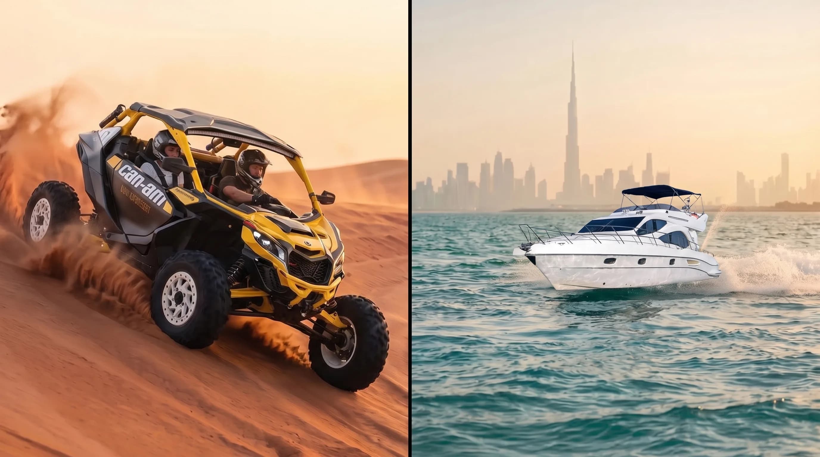 Combo Can-Am Maverick R dans les dunes et yacht de luxe devant la skyline de Dubai