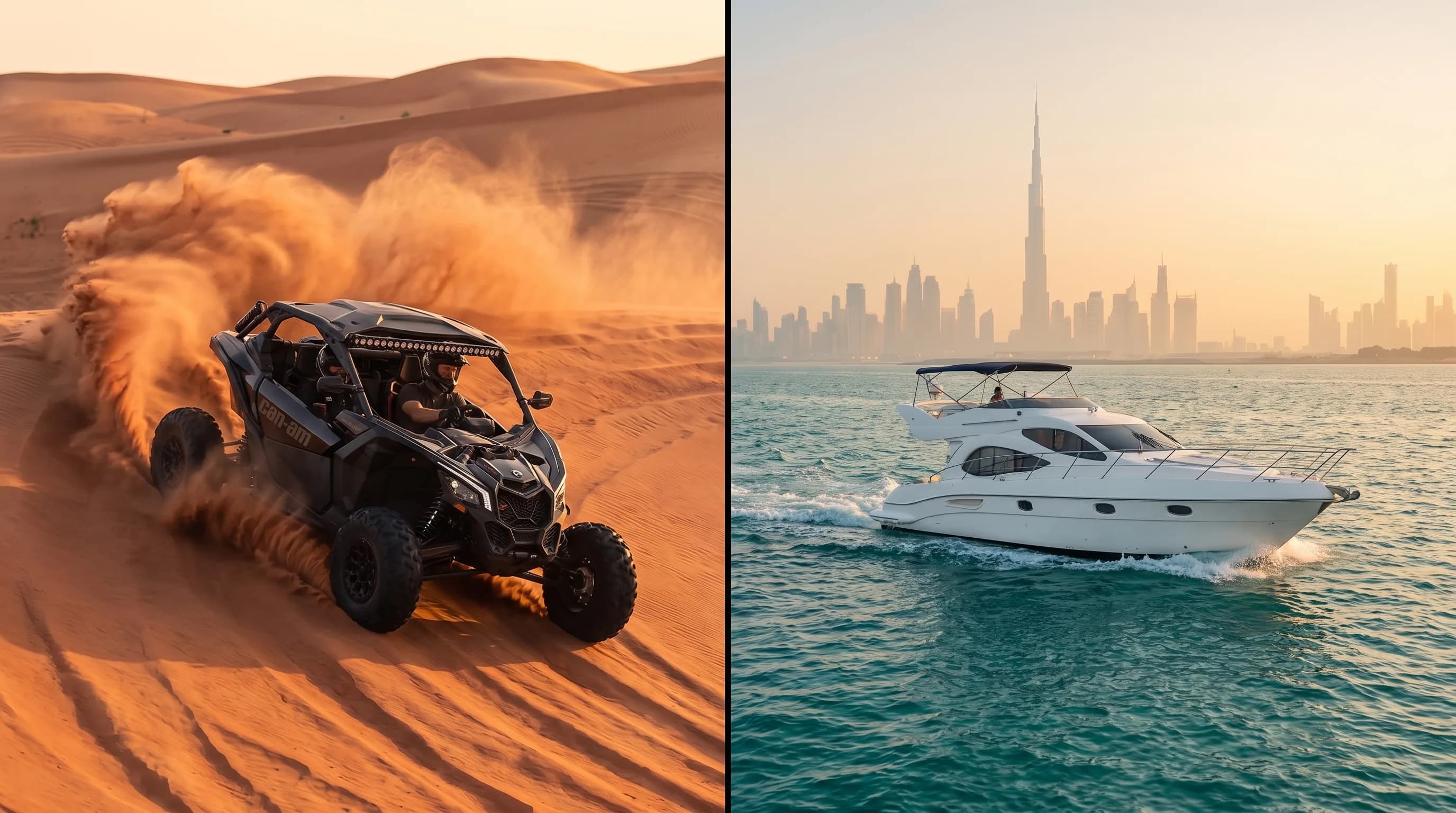 Combo Can-Am X3 dans les dunes et yacht de luxe devant la skyline de Dubai